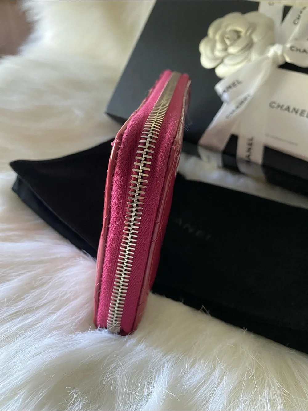 Chanel Patent Leather Brilliant Matelassé Long Zip Wallet in Rose Pink in Box
